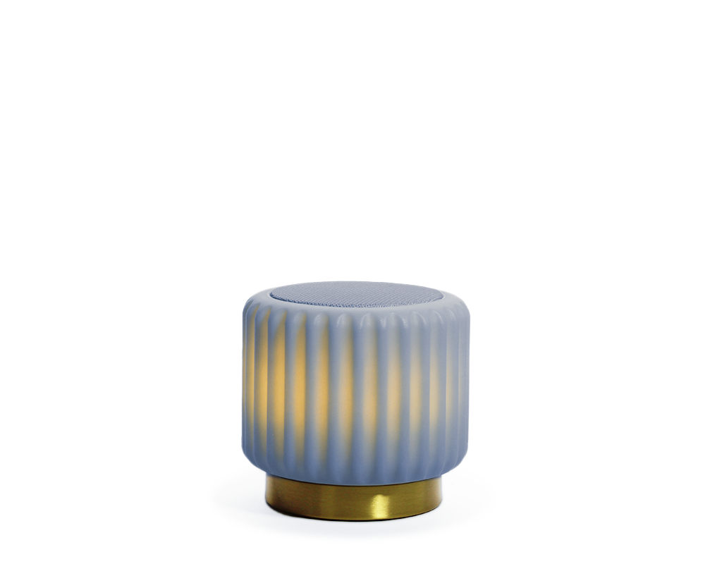 Haut-parleur Dentelles + Lumière USB rechargeable BLEU MYRTILLE/OR | 12,5 cm x Ø 13,5 cm